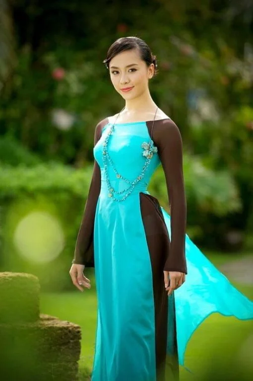 Vietnam Ao Dai Custom Made Blue Brown Chiffon - Image 3