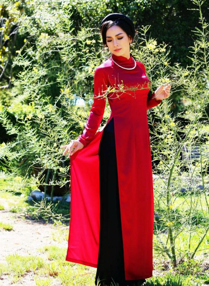Red Silk And Black Satin Ao Dai Custom Made - Hien Thao Shop