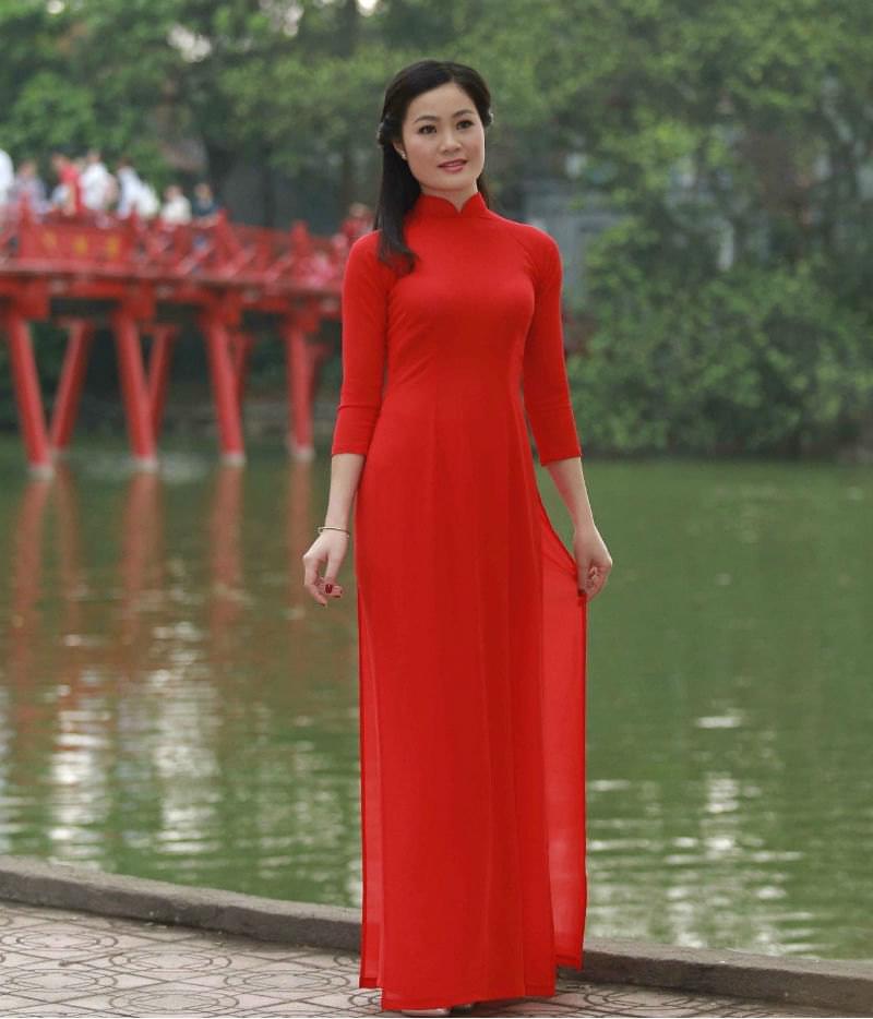 Red Sexy Ao Dai Custom Made Chiffon Fabric Hien Thao Shop