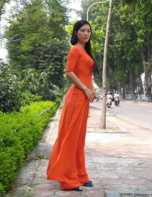 pumpkin-chiffon-ao-dai-vietnam-modern-design-short-sleeves