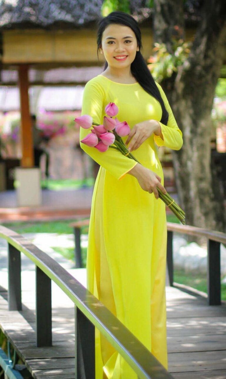 Ao Dai Vietnamese Dress Yellow Canary Chiffon Satin - Hien Thao Shop