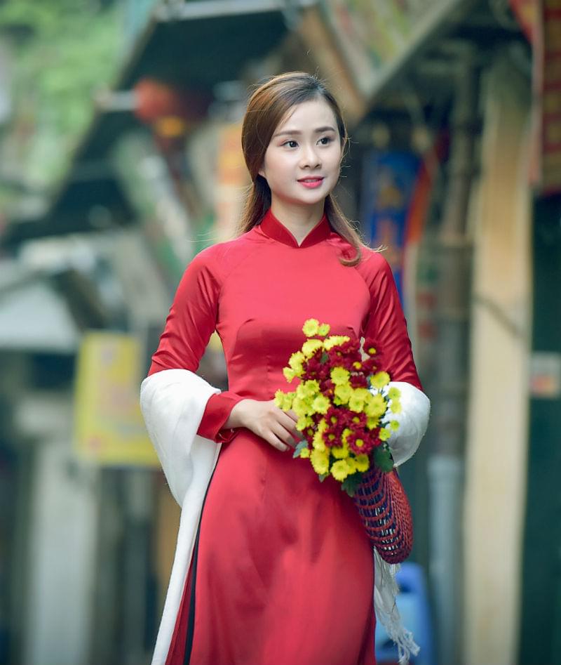 Buy Ao Dai Vietnam Red Silk Dress Black Satin Pant Hien Thao Shop