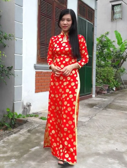 brocade-ao-dai-vietnam-red-yellow-polka