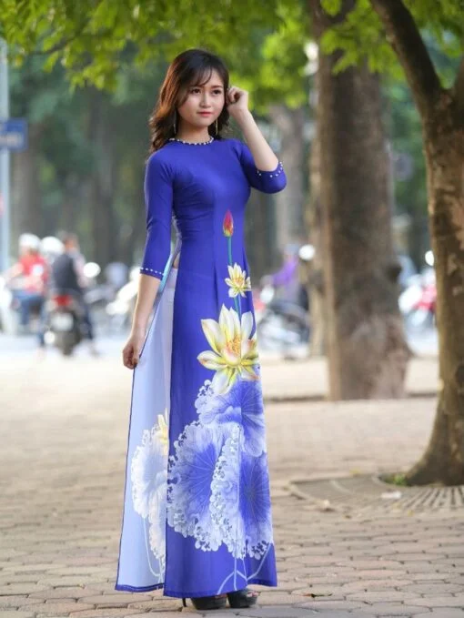 Ao Dai Modern Vietnam Royal Blue Floral 3D