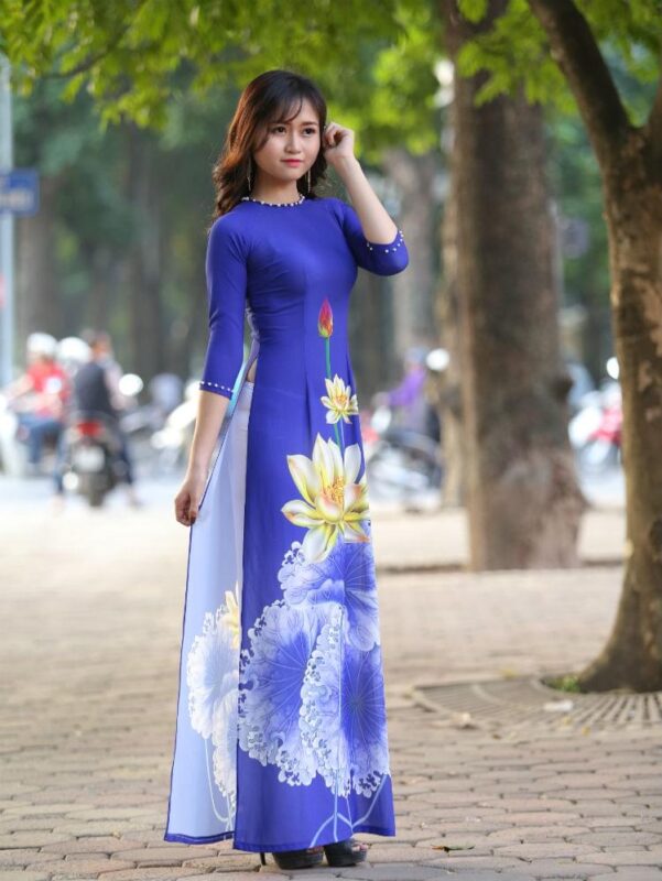 Ao Dai Modern Vietnam Royal Blue Floral 3D 