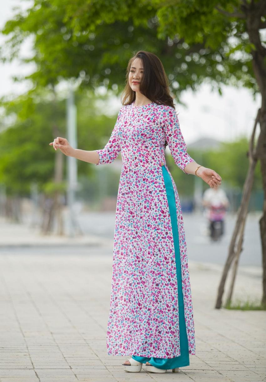 Pre-made: Pink/green Vietnamese Dress 4 Layers Small Flowers aodai