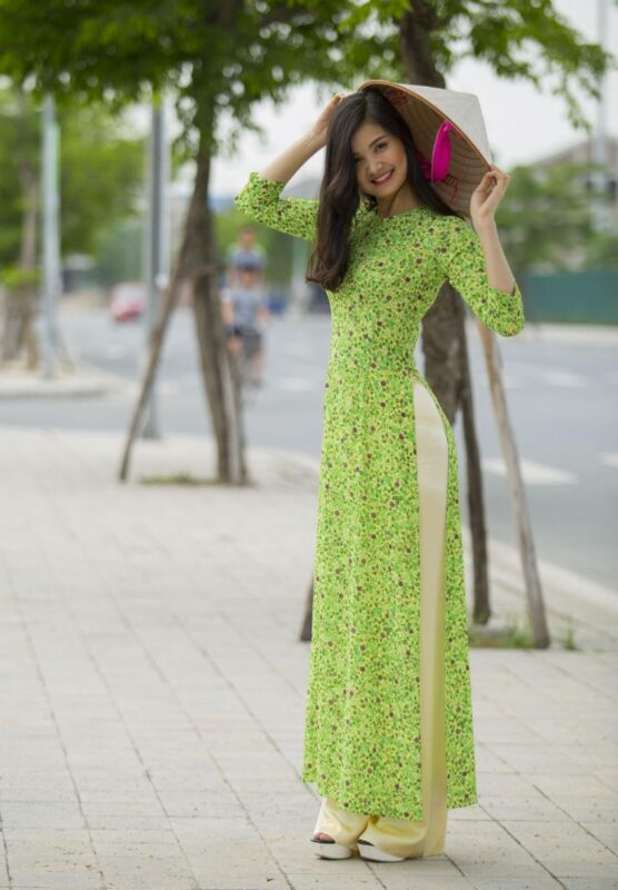 Light Green Vietnam Ao Dai Custom Made Chiffon 3D Flower - Hien Thao Shop