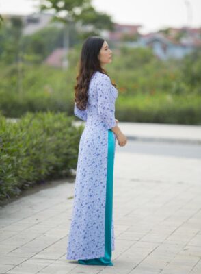 Powder Blue Ao Dai New Collection Small Flower Decoration - Hien Thao Shop