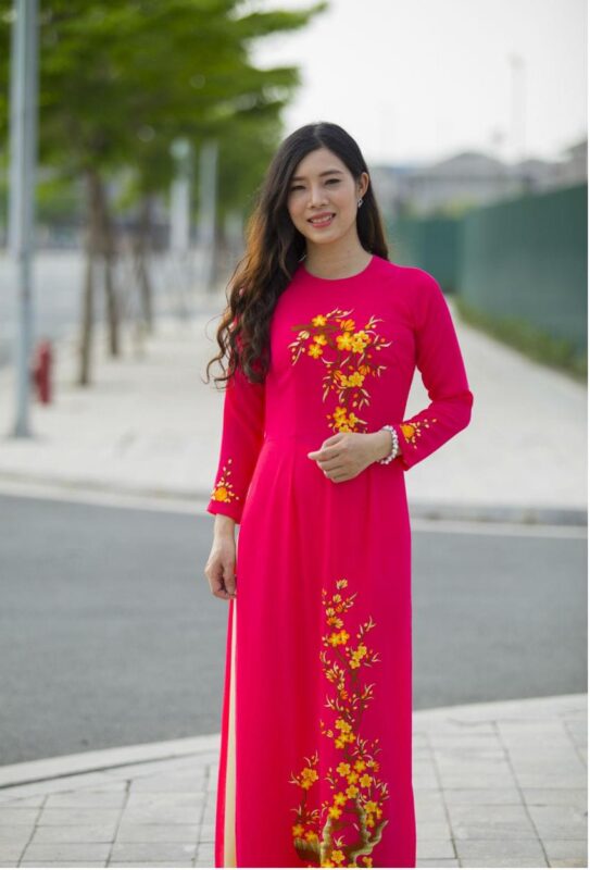 Red Embroidery Ao Dai Custom Made Ivory Satin Pant - Hien Thao Shop