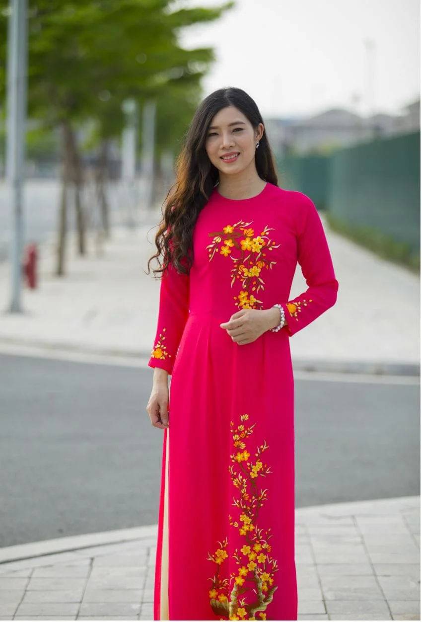 Custom made Vietnamese ao dai dress in red with embroidered
