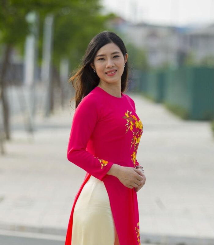 Red Embroidery Ao Dai Custom Made Ivory Satin Pant - Hien Thao Shop