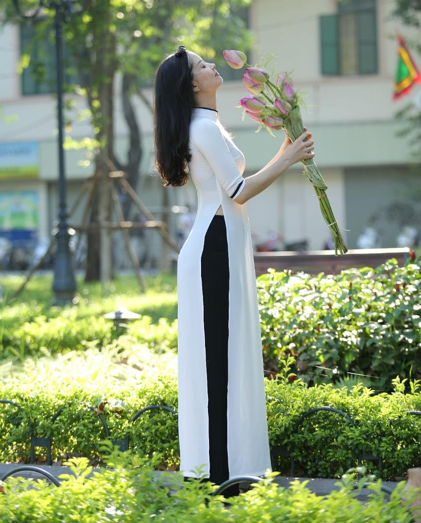 Ao Dai Vietnam White Chiffon Black Silk Pant - Hien Thao Shop