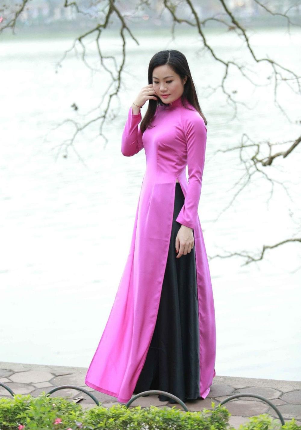 Vietnam Ao Dai for Sale, Pink White Chiffon Dress, Black Satin Skirt