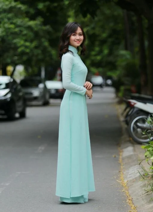 Ao Dai For Sale Double Layer Geyser Blue Vietnam - Image 4