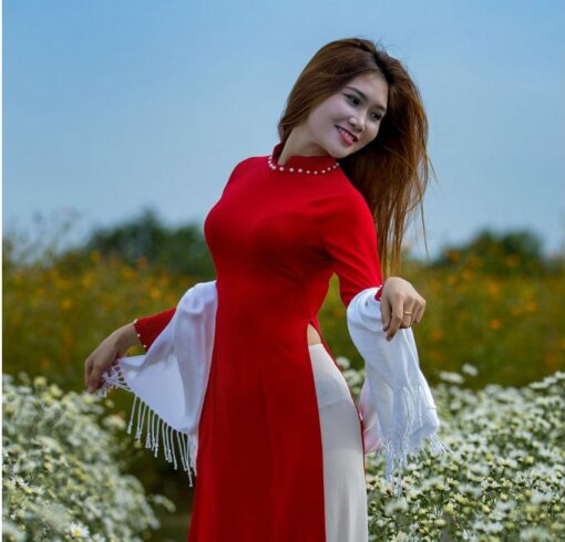 Red Vietnamese Ao Dai Gam Long Dress With Matching Pants Free Fast Shipping 