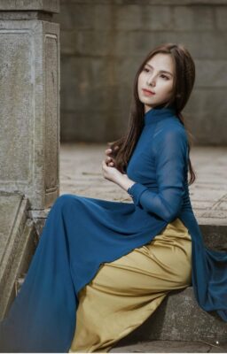 Strong teal blue Ao Dai Viet Nam double layers - Hien Thao Shop