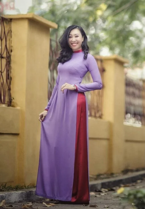 Ao Dai For Lady Lilac Chiffon Dress Red Silk Pant - Image 2