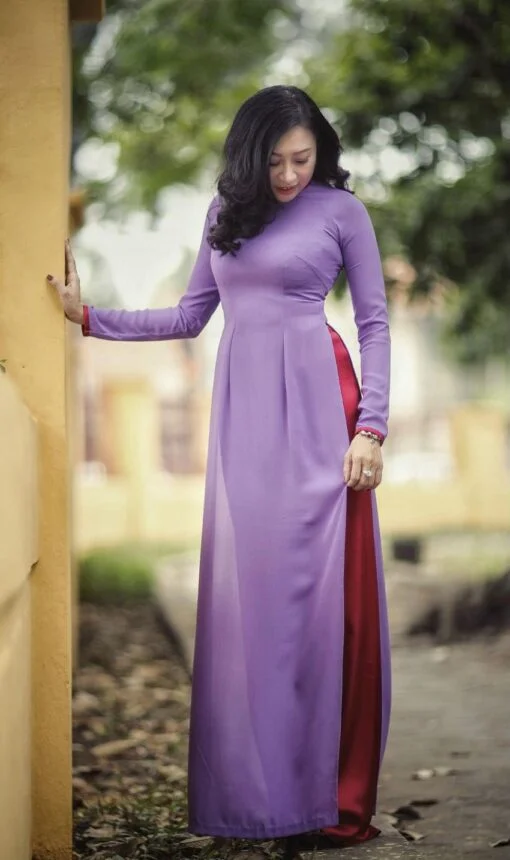 Ao Dai For Lady Lilac Chiffon Dress Red Silk Pant - Image 3