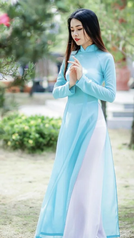 Ao Dai Vietnam Custom Tailors Sky Blue, White Pant - Image 2