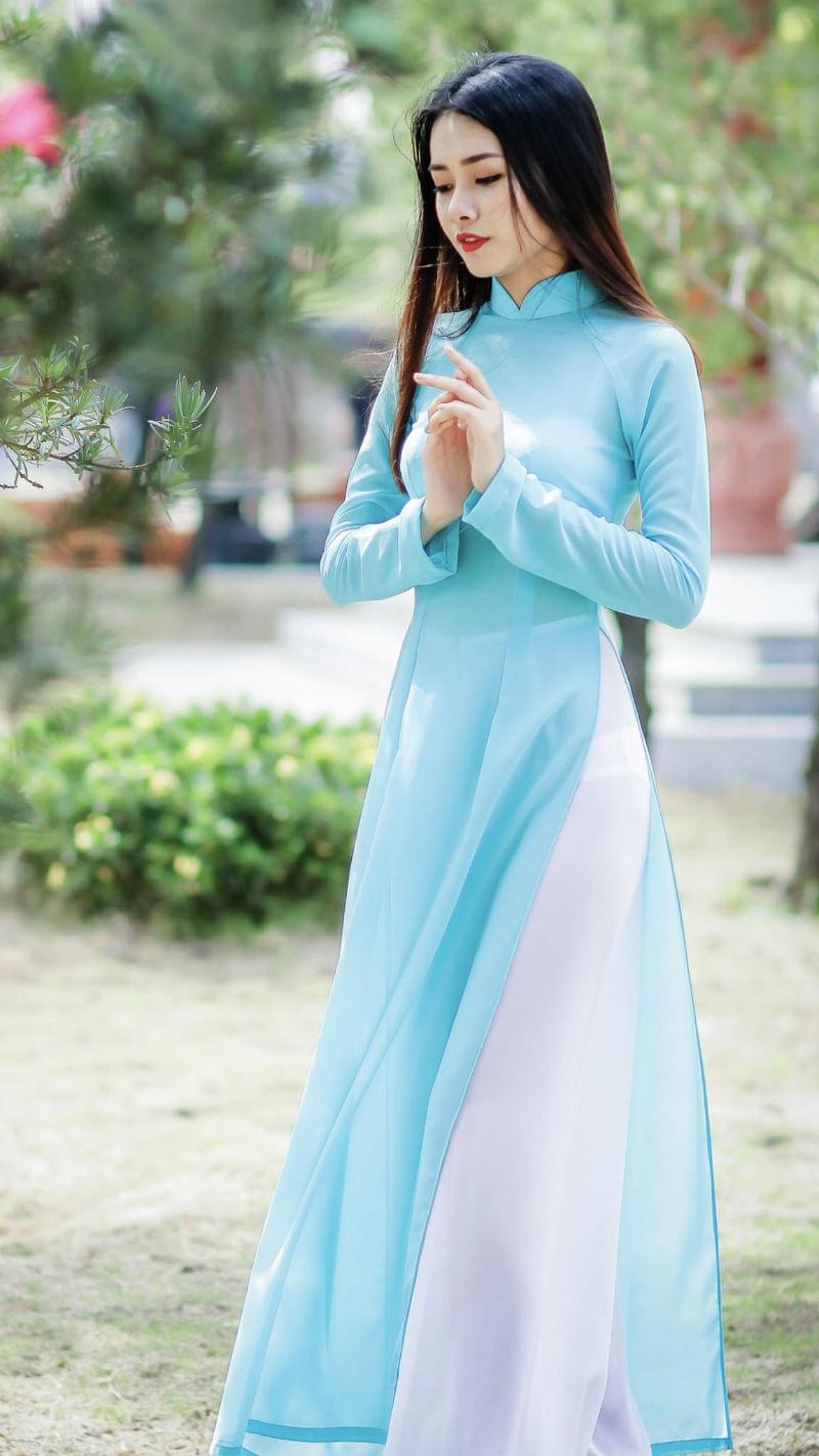 Ao Dai Vietnam Custom Tailors Sky Blue, White Pant - Hien Thao Shop