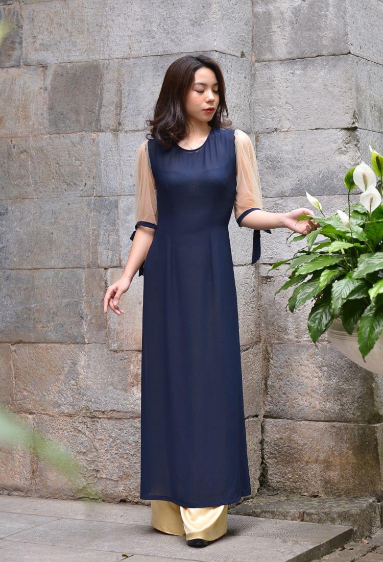 Ao Dai For Sale Chiffon And Sheer Dark Blue Color Hien Thao, 42% OFF