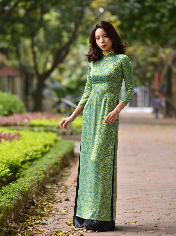 Ao Dai Dress Online, Black Silk and Green Brocade