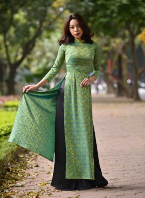 Thai Tuan Brocade Ao Dai Green And Yellow Pattern - Hien Thao Shop