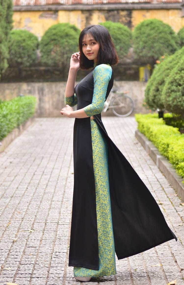 Ao Dai Dress Online, Black Silk and Green Brocade