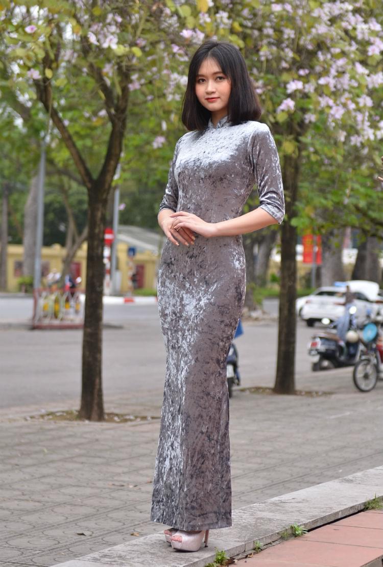 Vietnam Cheongsam Dress, Light Grey Velvet, Taylor made - Hien Thao Shop