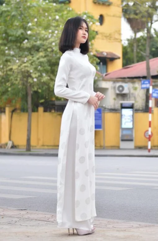 White Brocade Ao Dai Vietnam, Free Shipping - Image 2