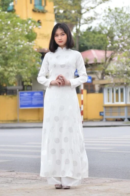 White Brocade Ao Dai Vietnam, Free Shipping - Image 3