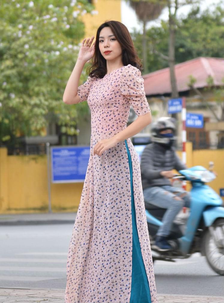 Mini Floral Shoulder Pleated Ao Dai, Chiffon And Silk