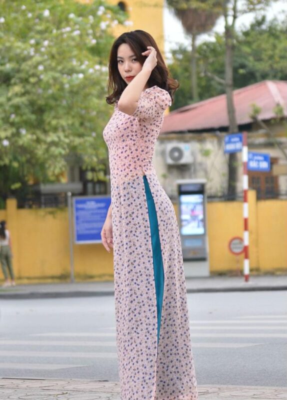 Mini Floral Shoulder Pleated Ao Dai, Chiffon And Silk