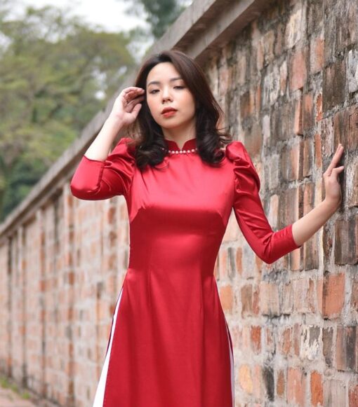shoulder pleated red ao dai