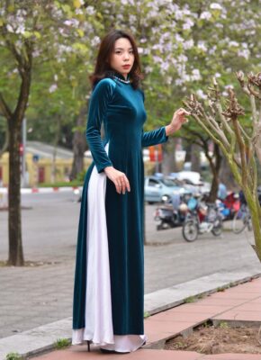 Ao dai Vietnamese costume dark green velvet fabric