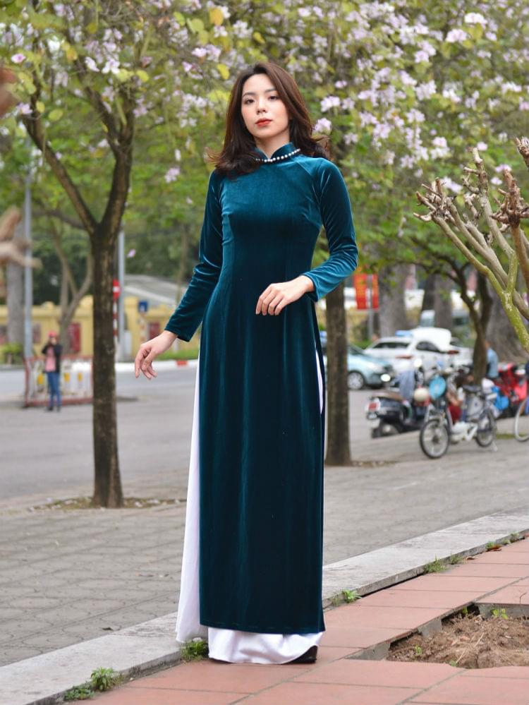 Ao Dai Dress Online, Black Silk and Green Brocade