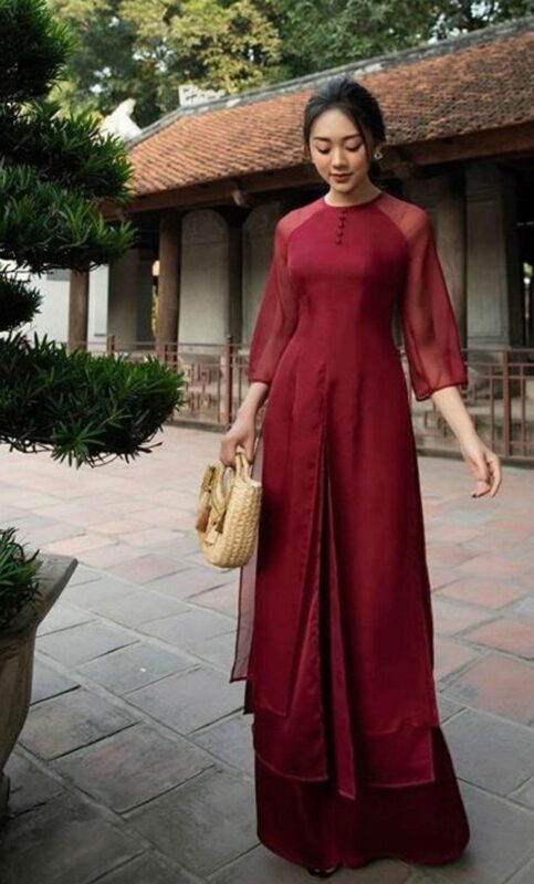 Modern Ao dai dress silk and sheer, double layers - Hien Thao Shop