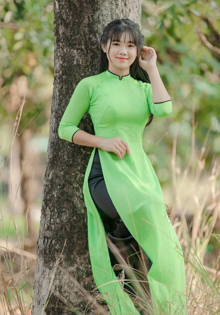 Thai Tuan Brocade Ao Dai Green And Yellow Pattern - Hien Thao Shop