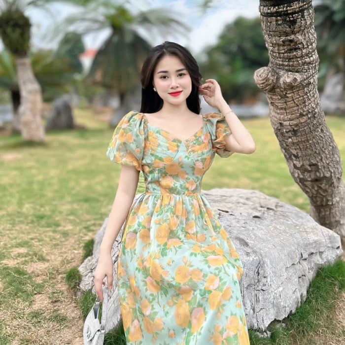 Puff sleeve formal dress floral decoration - Hien Thao Shop